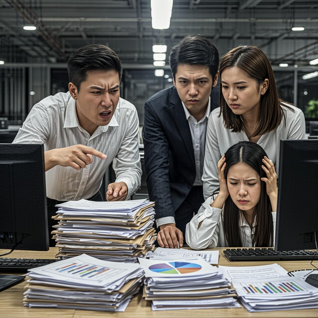 A team huddled around stacks of paperwork and screens, trying to reconcile numbers by hand.
